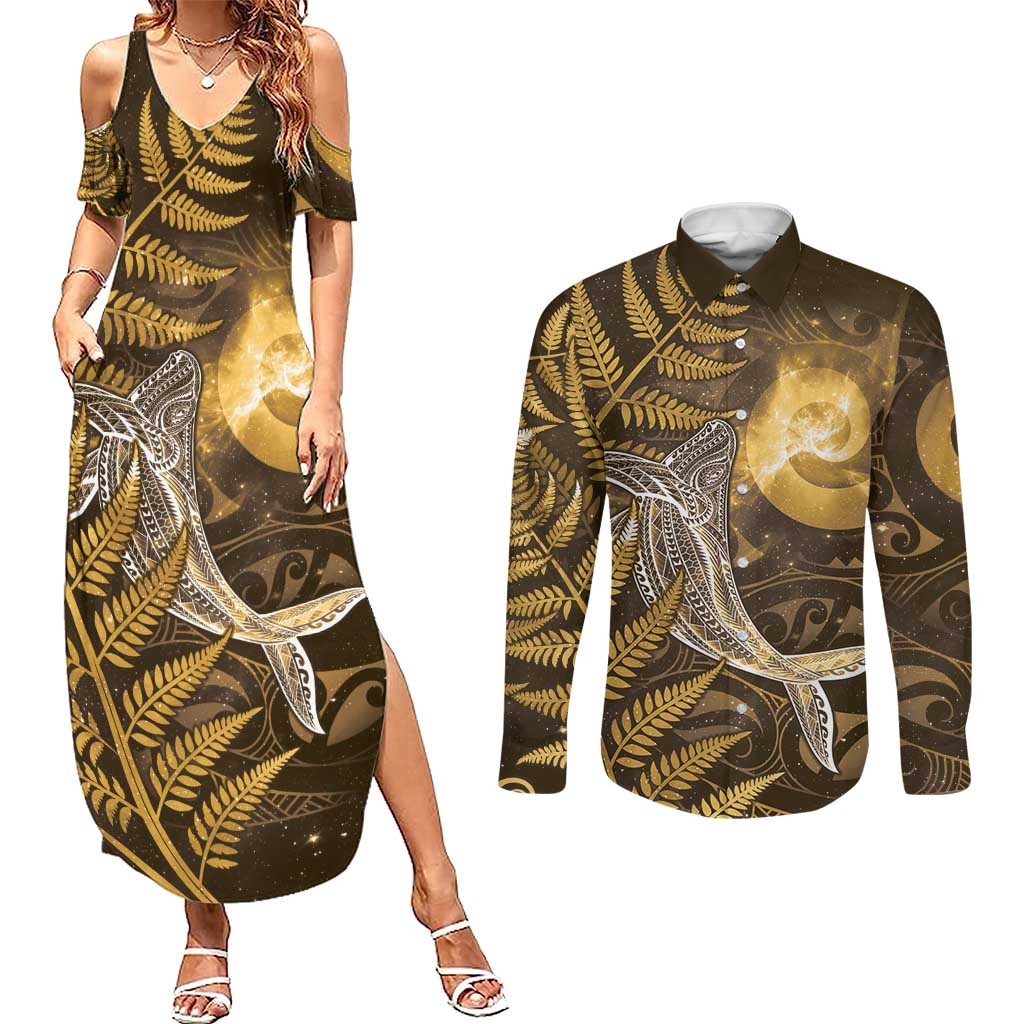 New Zealand Matariki Couples Matching Summer Maxi Dress and Long Sleeve Button Shirt Maori Koru With Humpback Whale Gold LT05 Gold - Polynesian Pride