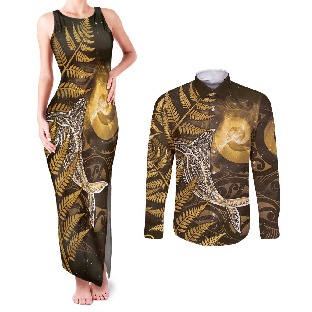 New Zealand Matariki Couples Matching Tank Maxi Dress and Long Sleeve Button Shirt Maori Koru With Humpback Whale Gold LT05 Gold - Polynesian Pride