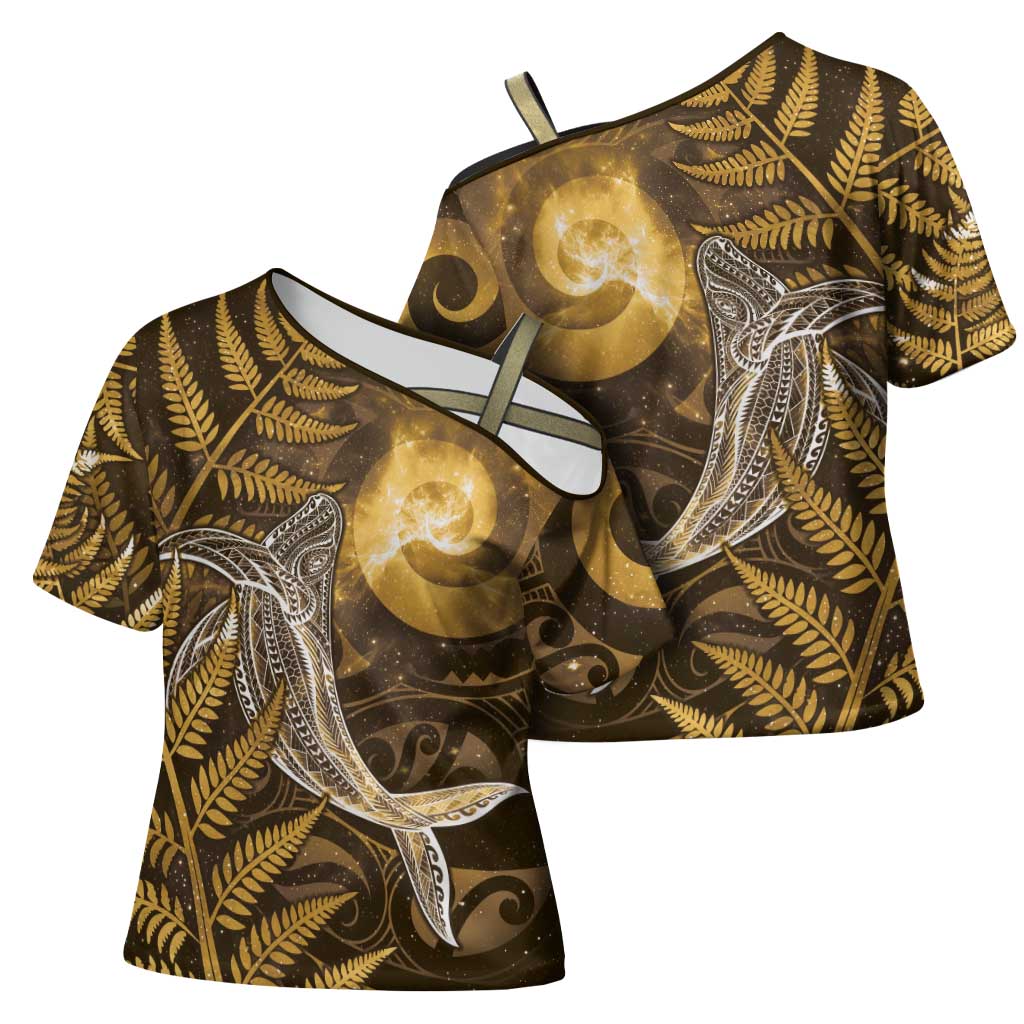 New Zealand Matariki Cross Shoulder Shirt Maori Koru With Humpback Whale Gold LT05 - Polynesian Pride