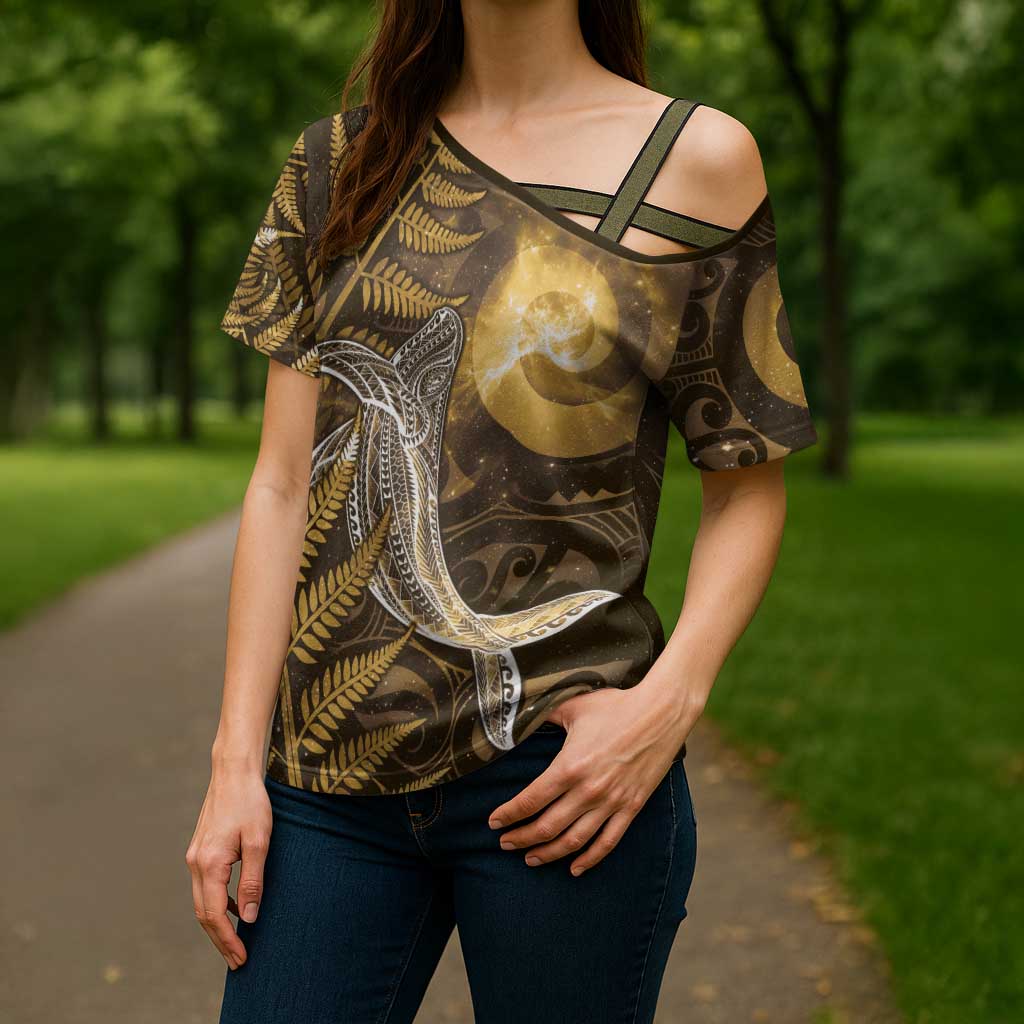 New Zealand Matariki Cross Shoulder Shirt Maori Koru With Humpback Whale Gold LT05 - Polynesian Pride