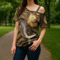 New Zealand Matariki Cross Shoulder Shirt Maori Koru With Humpback Whale Gold LT05 - Polynesian Pride