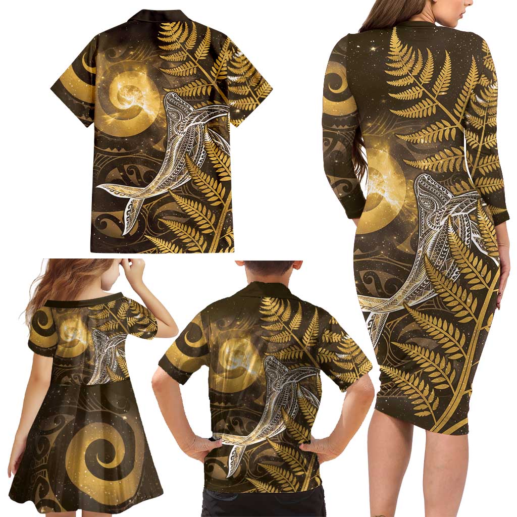 New Zealand Matariki Family Matching Long Sleeve Bodycon Dress and Hawaiian Shirt Maori Koru With Humpback Whale Gold LT05 - Polynesian Pride