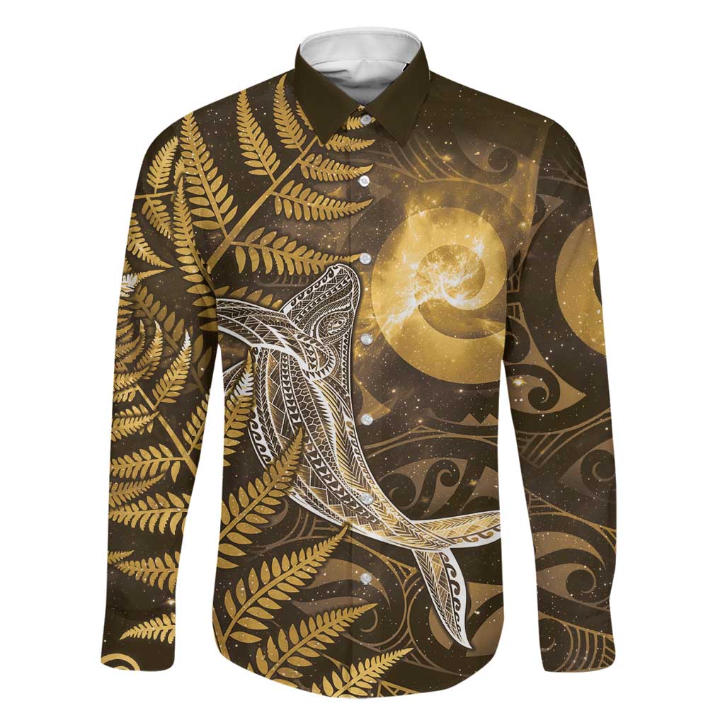 New Zealand Matariki Family Matching Off The Shoulder Long Sleeve Dress and Hawaiian Shirt Maori Koru With Humpback Whale Gold LT05 Dad's Shirt - Long Sleeve Gold - Polynesian Pride