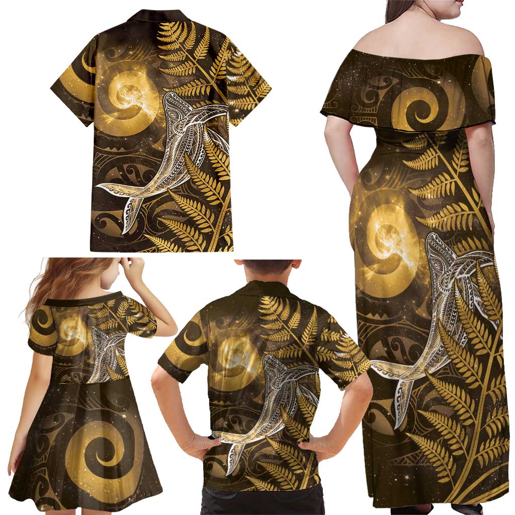 New Zealand Matariki Family Matching Off Shoulder Maxi Dress and Hawaiian Shirt Maori Koru With Humpback Whale Gold LT05 - Polynesian Pride