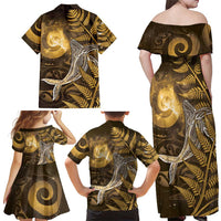 New Zealand Matariki Family Matching Off Shoulder Maxi Dress and Hawaiian Shirt Maori Koru With Humpback Whale Gold LT05 - Polynesian Pride