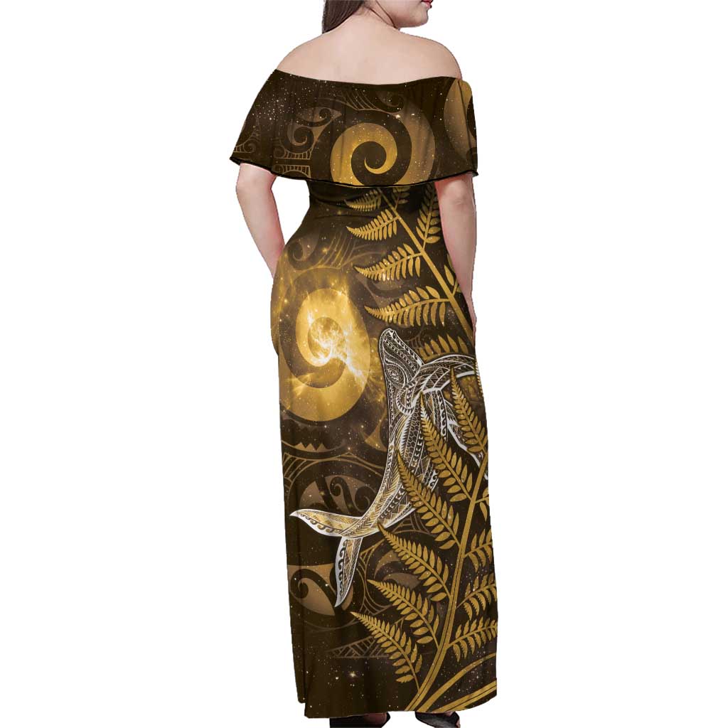 New Zealand Matariki Family Matching Off Shoulder Maxi Dress and Hawaiian Shirt Maori Koru With Humpback Whale Gold LT05 - Polynesian Pride