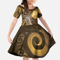 New Zealand Matariki Family Matching Off Shoulder Short Dress and Hawaiian Shirt Maori Koru With Humpback Whale Gold LT05 Daughter's Dress Gold - Polynesian Pride