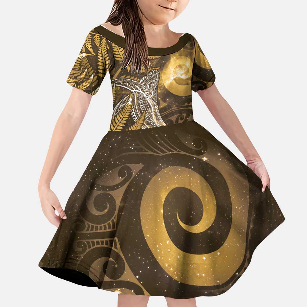 New Zealand Matariki Family Matching Puletasi and Hawaiian Shirt Maori Koru With Humpback Whale Gold LT05 Daughter's Dress Gold - Polynesian Pride