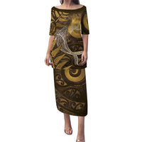 New Zealand Matariki Family Matching Puletasi and Hawaiian Shirt Maori Koru With Humpback Whale Gold LT05 Mom's Dress Gold - Polynesian Pride