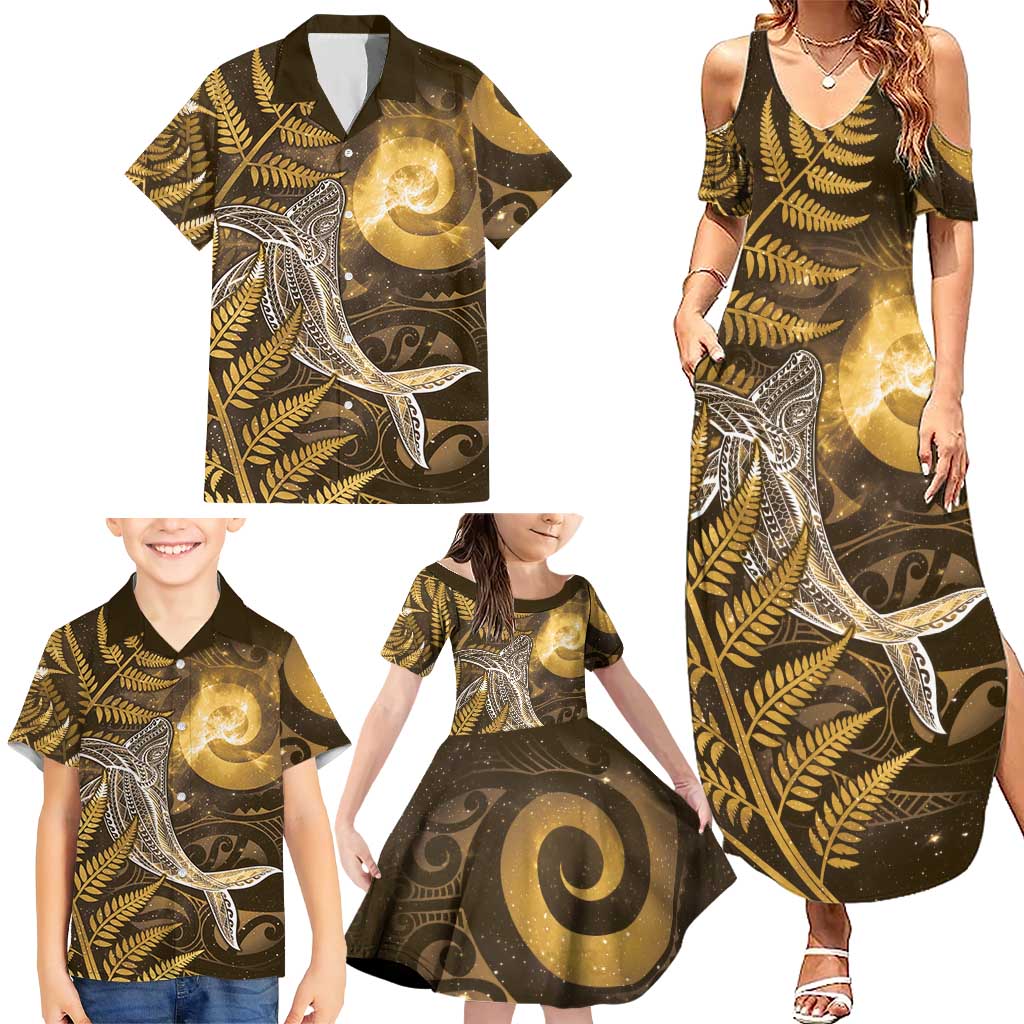 New Zealand Matariki Family Matching Summer Maxi Dress and Hawaiian Shirt Maori Koru With Humpback Whale Gold LT05 - Polynesian Pride