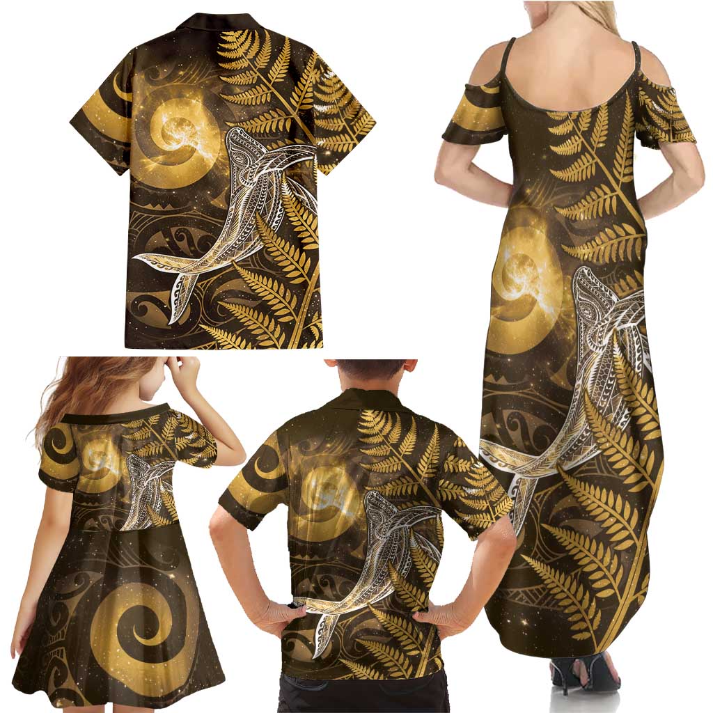 New Zealand Matariki Family Matching Summer Maxi Dress and Hawaiian Shirt Maori Koru With Humpback Whale Gold LT05 - Polynesian Pride