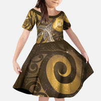 New Zealand Matariki Kid Short Sleeve Dress Maori Koru With Humpback Whale Gold LT05 KID Gold - Polynesian Pride