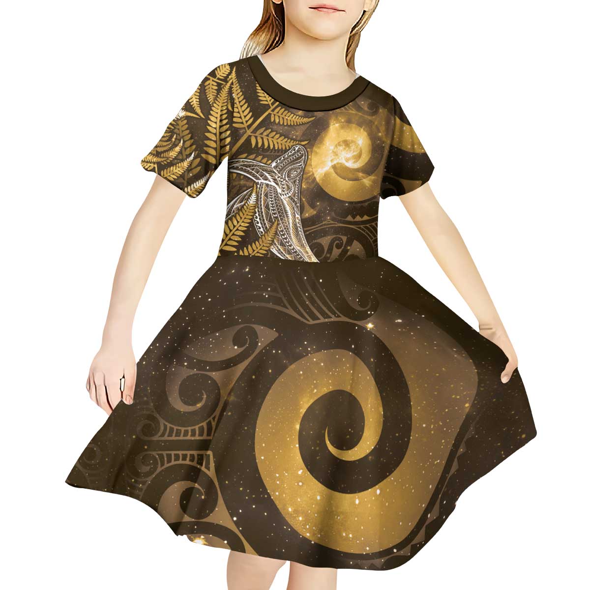 New Zealand Matariki Kid Short Sleeve Dress Maori Koru With Humpback Whale Gold LT05 - Polynesian Pride