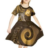 New Zealand Matariki Kid Short Sleeve Dress Maori Koru With Humpback Whale Gold LT05 - Polynesian Pride