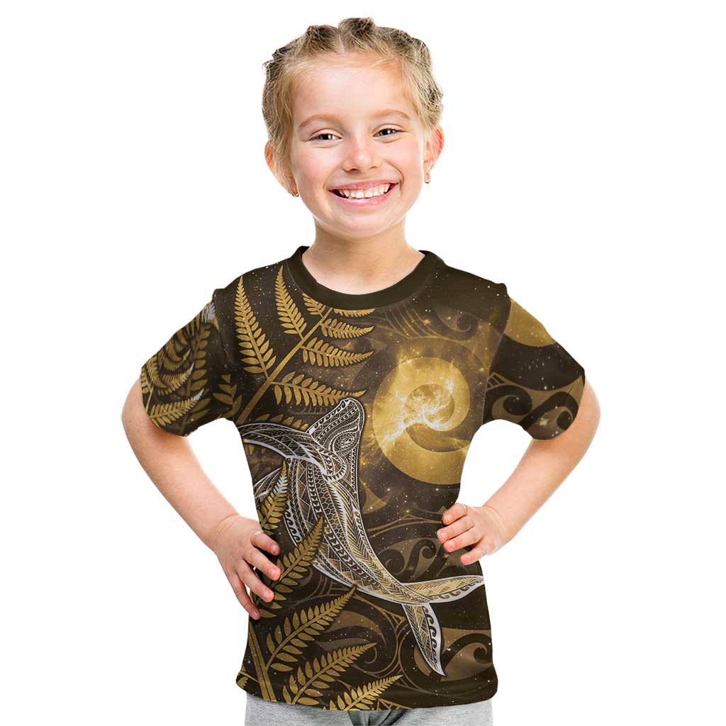 New Zealand Matariki Kid T Shirt Maori Koru With Humpback Whale Gold