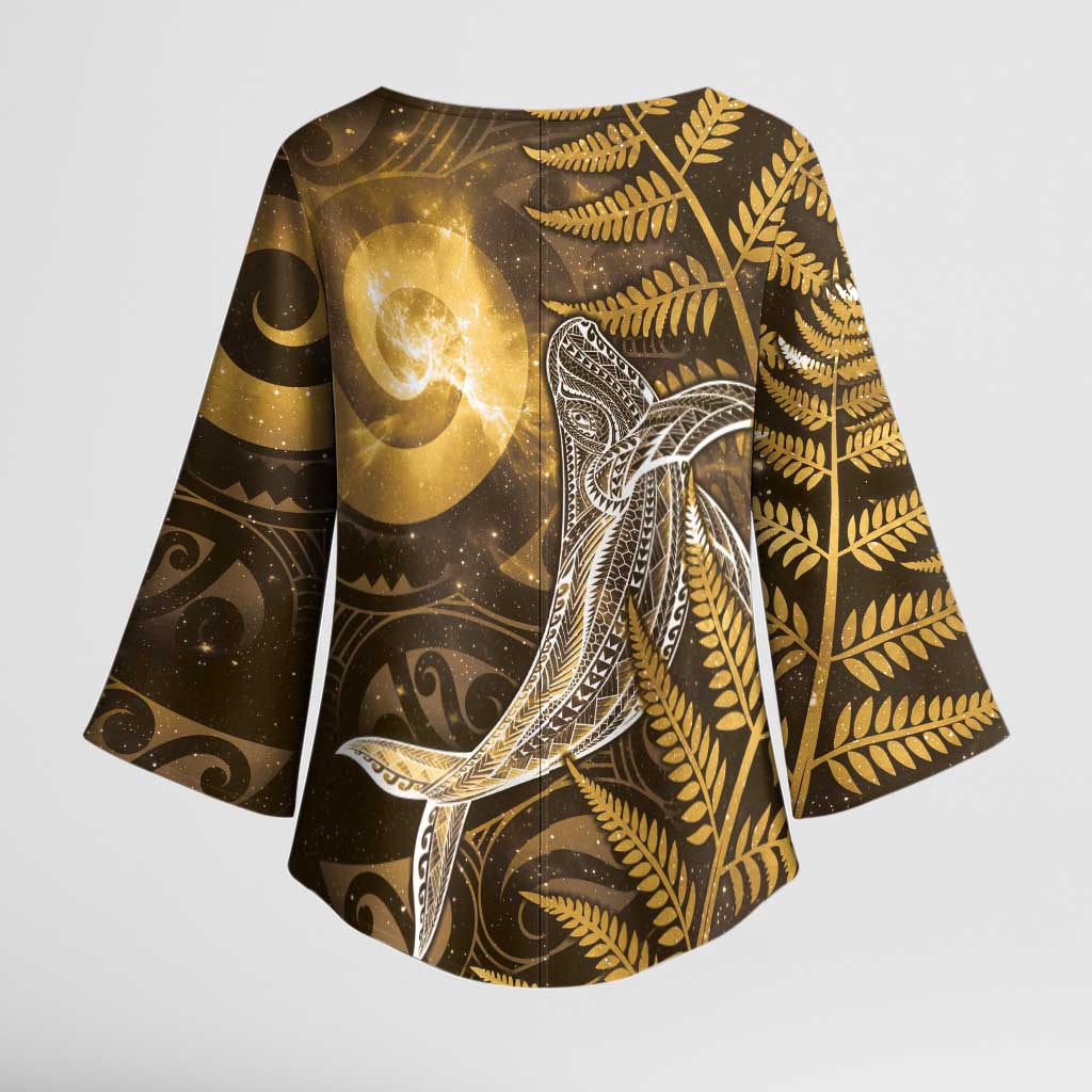 New Zealand Matariki Kimono Sleeve Blouse Maori Koru With Humpback Whale Gold