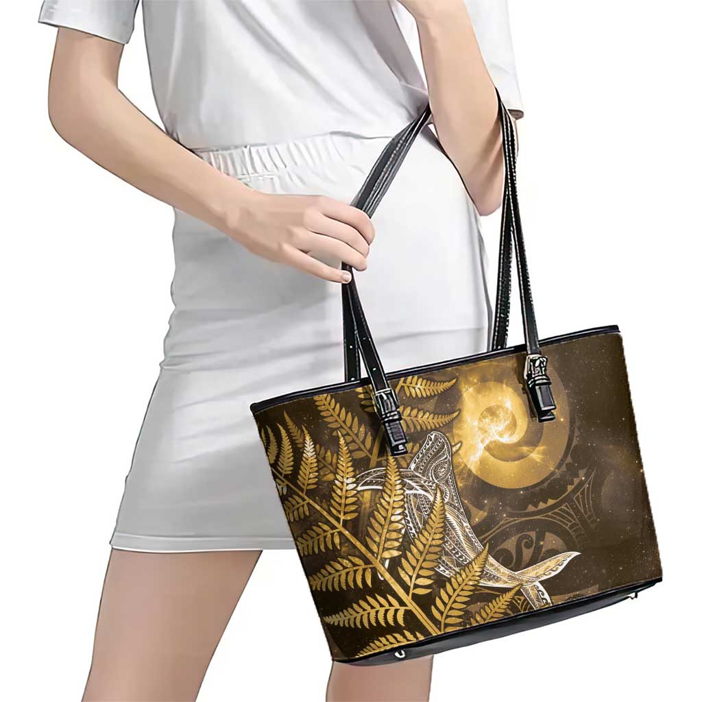 New Zealand Matariki Leather Tote Bag Maori Koru With Humpback Whale Gold