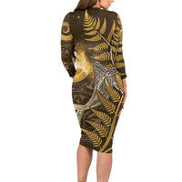 New Zealand Matariki Long Sleeve Bodycon Dress Maori Koru With Humpback Whale Gold LT05 - Polynesian Pride