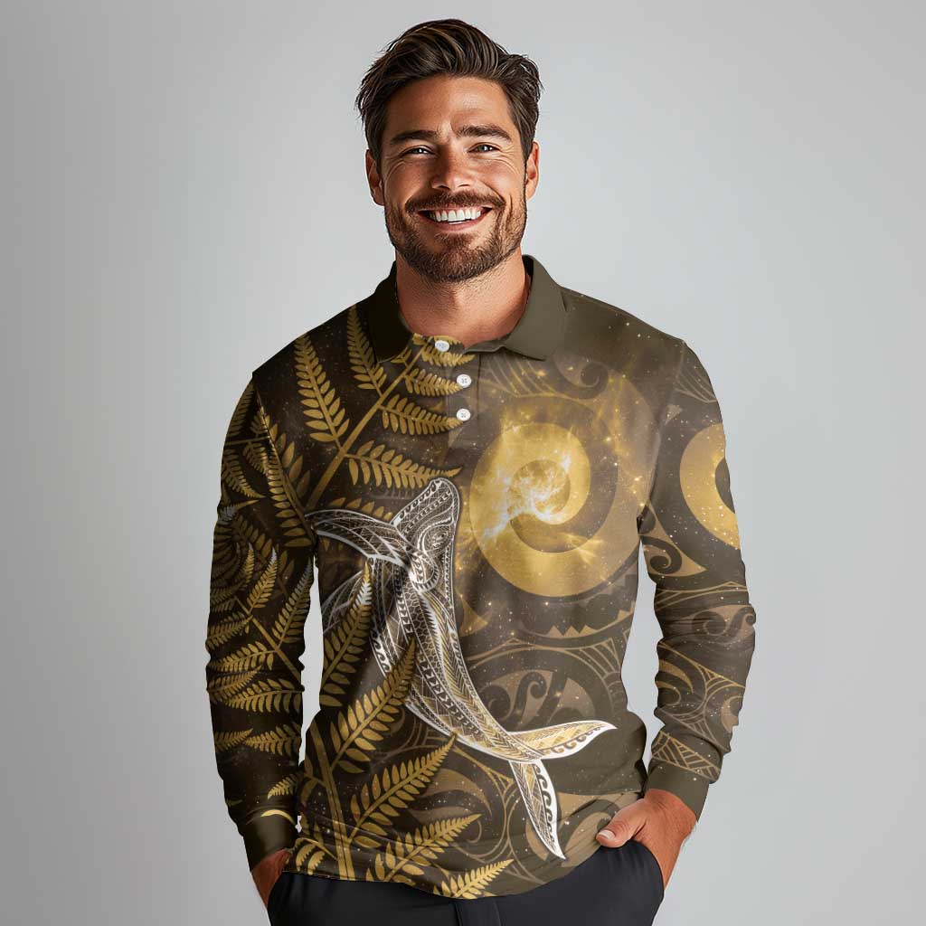 New Zealand Matariki Long Sleeve Polo Shirt Maori Koru With Humpback Whale Gold LT05 - Polynesian Pride