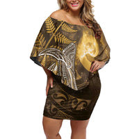 New Zealand Matariki Off Shoulder Short Dress Maori Koru With Humpback Whale Gold LT05 Women Gold - Polynesian Pride
