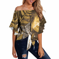 New Zealand Matariki Off Shoulder Wrap Waist Top Maori Koru With Humpback Whale Gold LT05 - Polynesian Pride