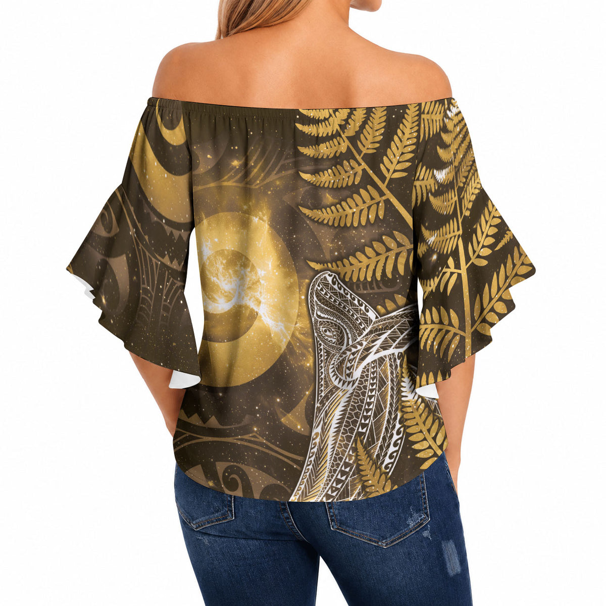 New Zealand Matariki Off Shoulder Wrap Waist Top Maori Koru With Humpback Whale Gold LT05 - Polynesian Pride