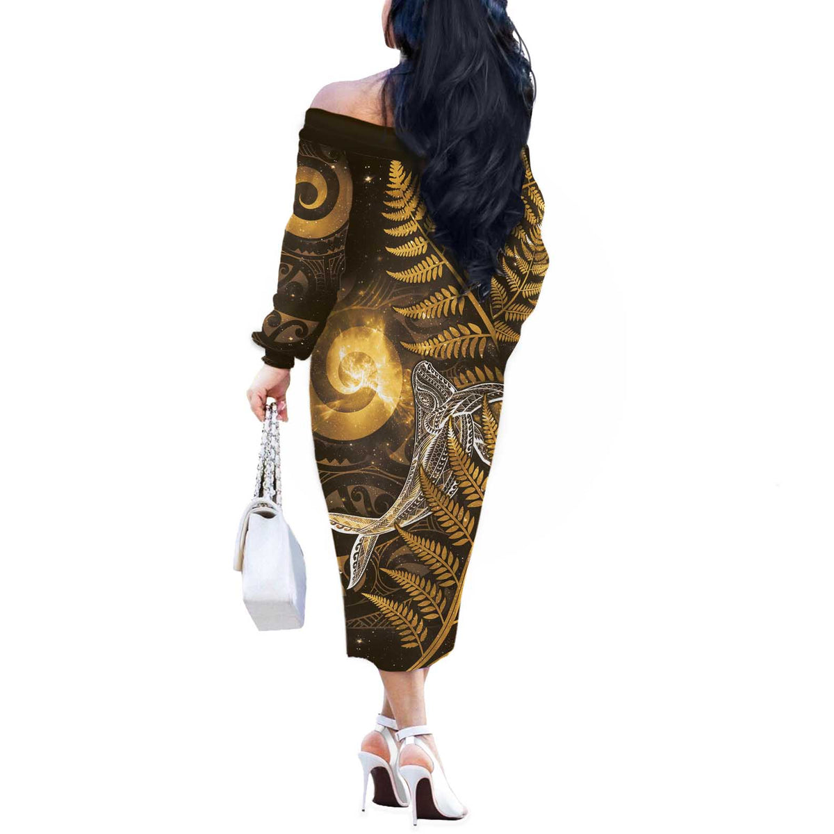 New Zealand Matariki Off The Shoulder Long Sleeve Dress Maori Koru With Humpback Whale Gold LT05 - Polynesian Pride