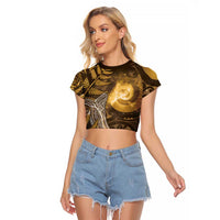 New Zealand Matariki Raglan Cropped T Shirt Maori Koru With Humpback Whale Gold LT05 Female Gold - Polynesian Pride