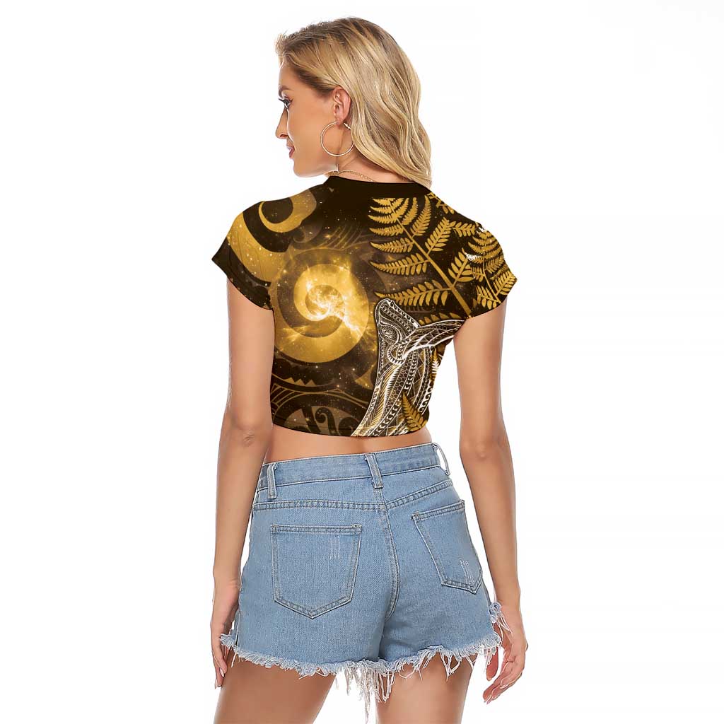 New Zealand Matariki Raglan Cropped T Shirt Maori Koru With Humpback Whale Gold LT05 - Polynesian Pride