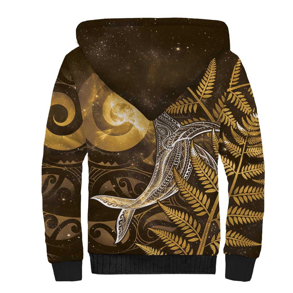New Zealand Matariki Sherpa Hoodie Maori Koru With Humpback Whale Gold LT05 - Polynesian Pride