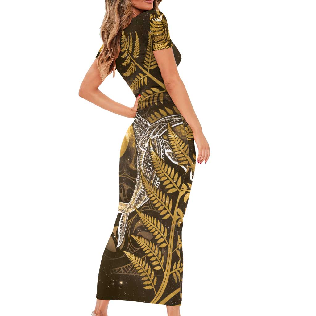 New Zealand Matariki Short Sleeve Bodycon Dress Maori Koru With Humpback Whale Gold LT05 - Polynesian Pride