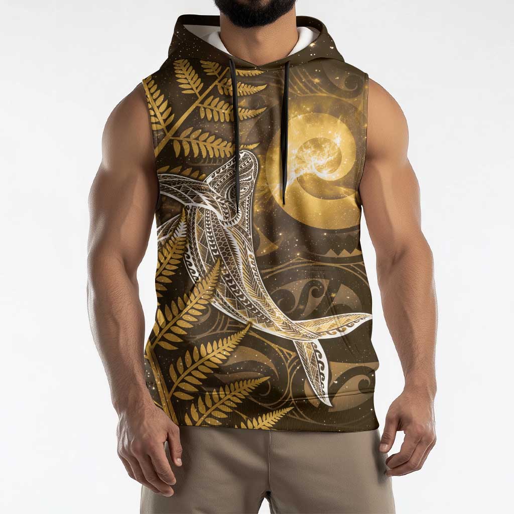 New Zealand Matariki Sleeveless Hoodie Maori Koru With Humpback Whale Gold LT05 - Polynesian Pride