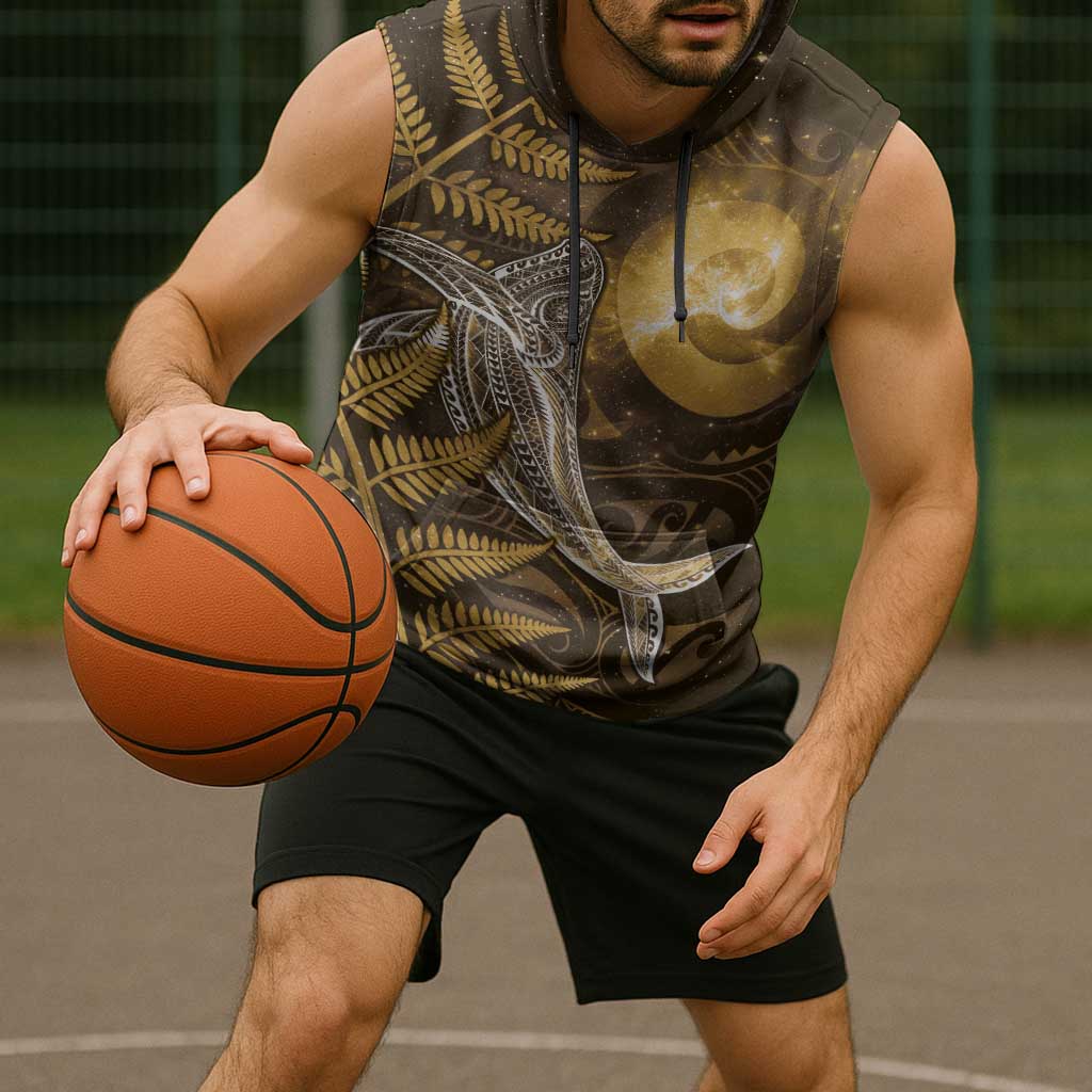 New Zealand Matariki Sleeveless Hoodie Maori Koru With Humpback Whale Gold LT05 - Polynesian Pride