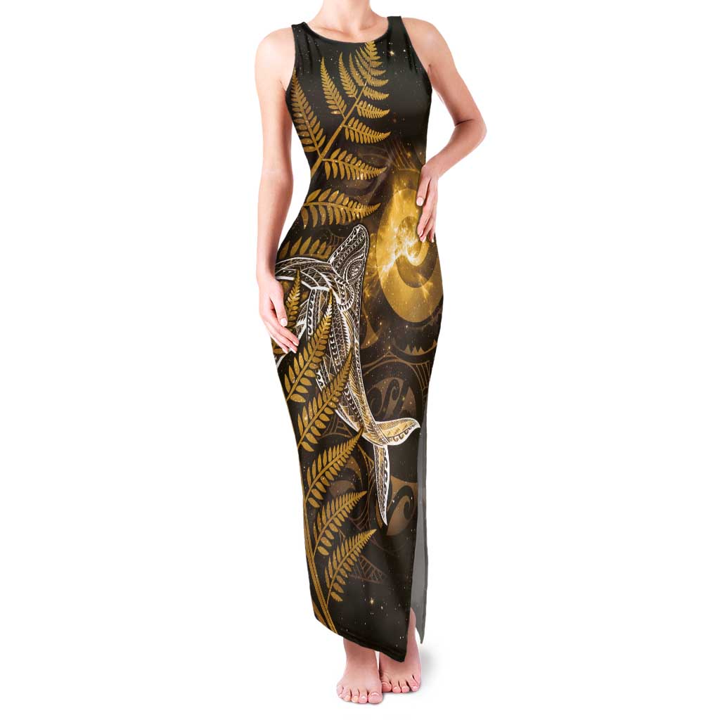 New Zealand Matariki Tank Maxi Dress Maori Koru With Humpback Whale Gold LT05 Women Gold - Polynesian Pride