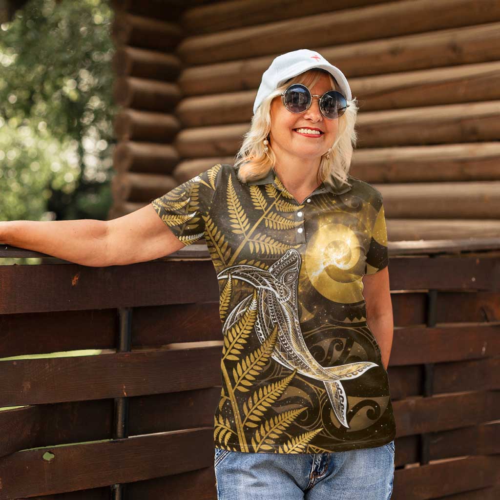 New Zealand Matariki Women Polo Shirt Maori Koru With Humpback Whale Gold LT05 - Polynesian Pride
