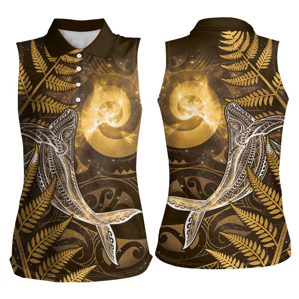 New Zealand Matariki Women Sleeveless Polo Shirt Maori Koru With Humpback Whale Gold LT05 - Polynesian Pride