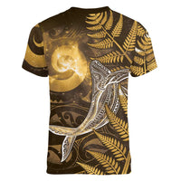 New Zealand Matariki Women V-Neck T-Shirt Maori Koru With Humpback Whale Gold LT05 - Polynesian Pride