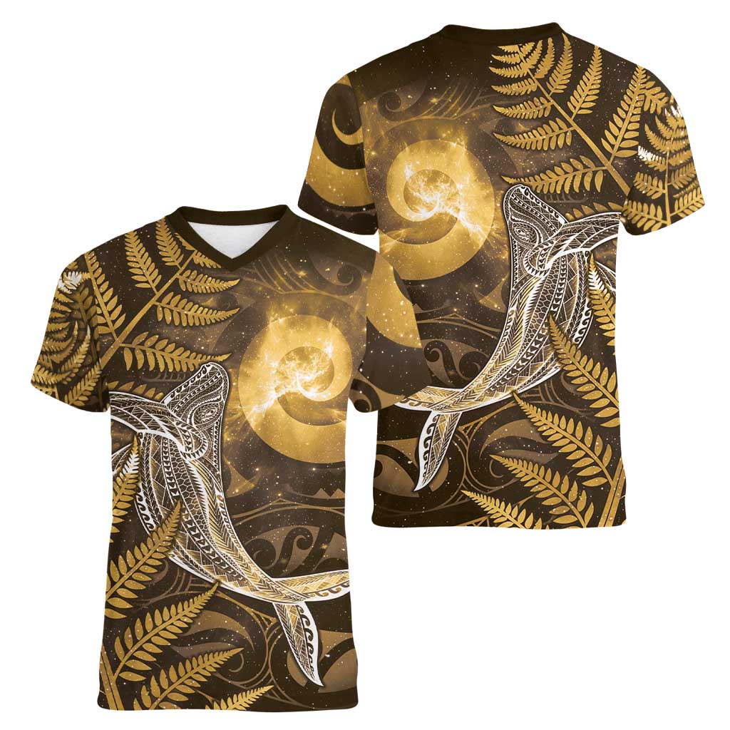 New Zealand Matariki Women V-Neck T-Shirt Maori Koru With Humpback Whale Gold LT05 - Polynesian Pride