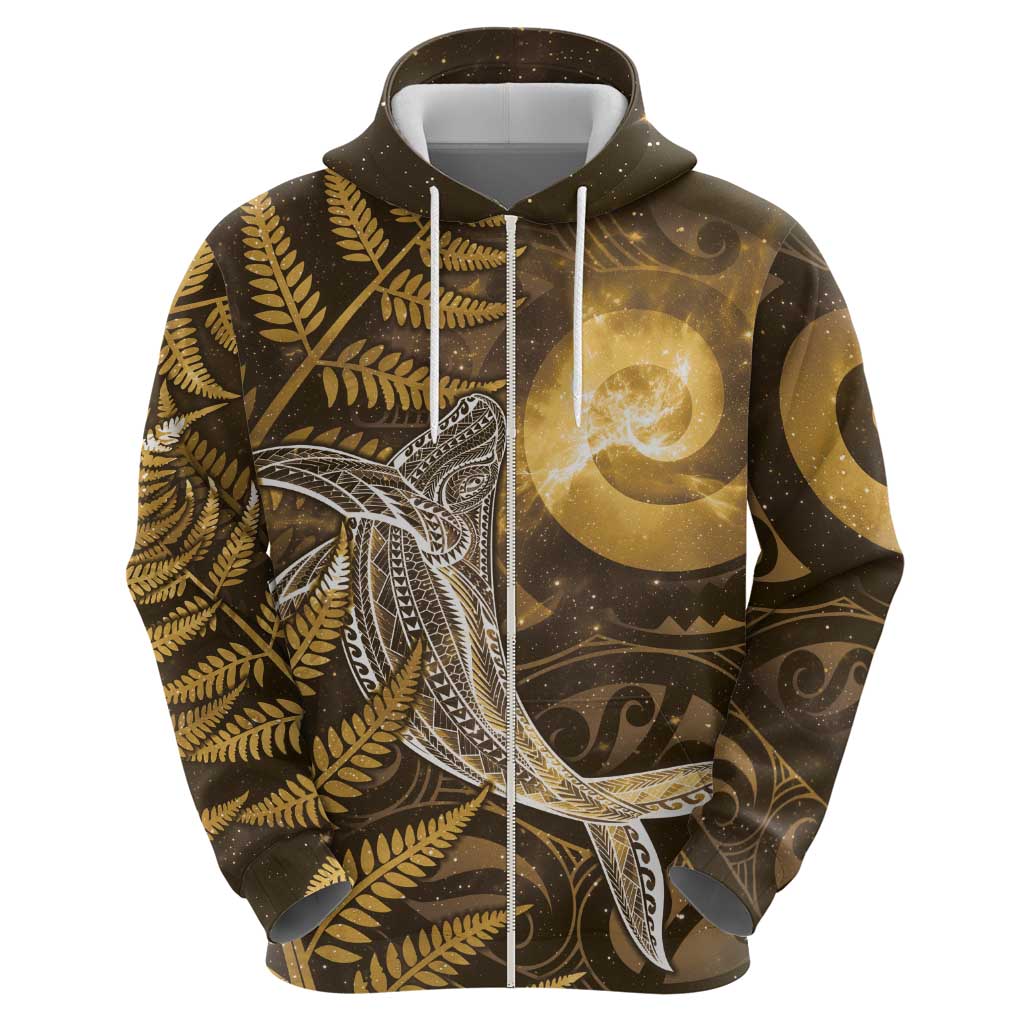 New Zealand Matariki Zip Hoodie Maori Koru With Humpback Whale Gold