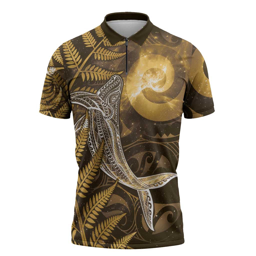 New Zealand Matariki Zipper Polo Shirt Maori Koru With Humpback Whale Gold LT05 Gold - Polynesian Pride