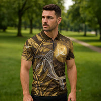 New Zealand Matariki Zipper Polo Shirt Maori Koru With Humpback Whale Gold LT05 - Polynesian Pride