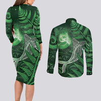 New Zealand Matariki Couples Matching Long Sleeve Bodycon Dress and Long Sleeve Button Shirt Maori Koru With Humpback Whale Green LT05 - Polynesian Pride