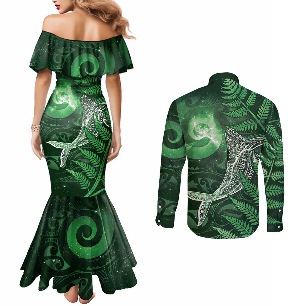 New Zealand Matariki Couples Matching Mermaid Dress and Long Sleeve Button Shirt Maori Koru With Humpback Whale Green LT05 - Polynesian Pride