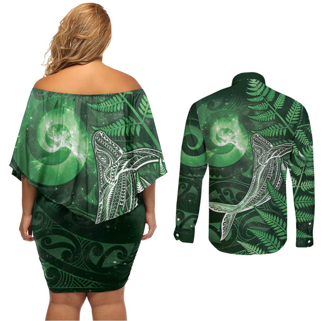 New Zealand Matariki Couples Matching Off Shoulder Short Dress and Long Sleeve Button Shirt Maori Koru With Humpback Whale Green LT05 - Polynesian Pride