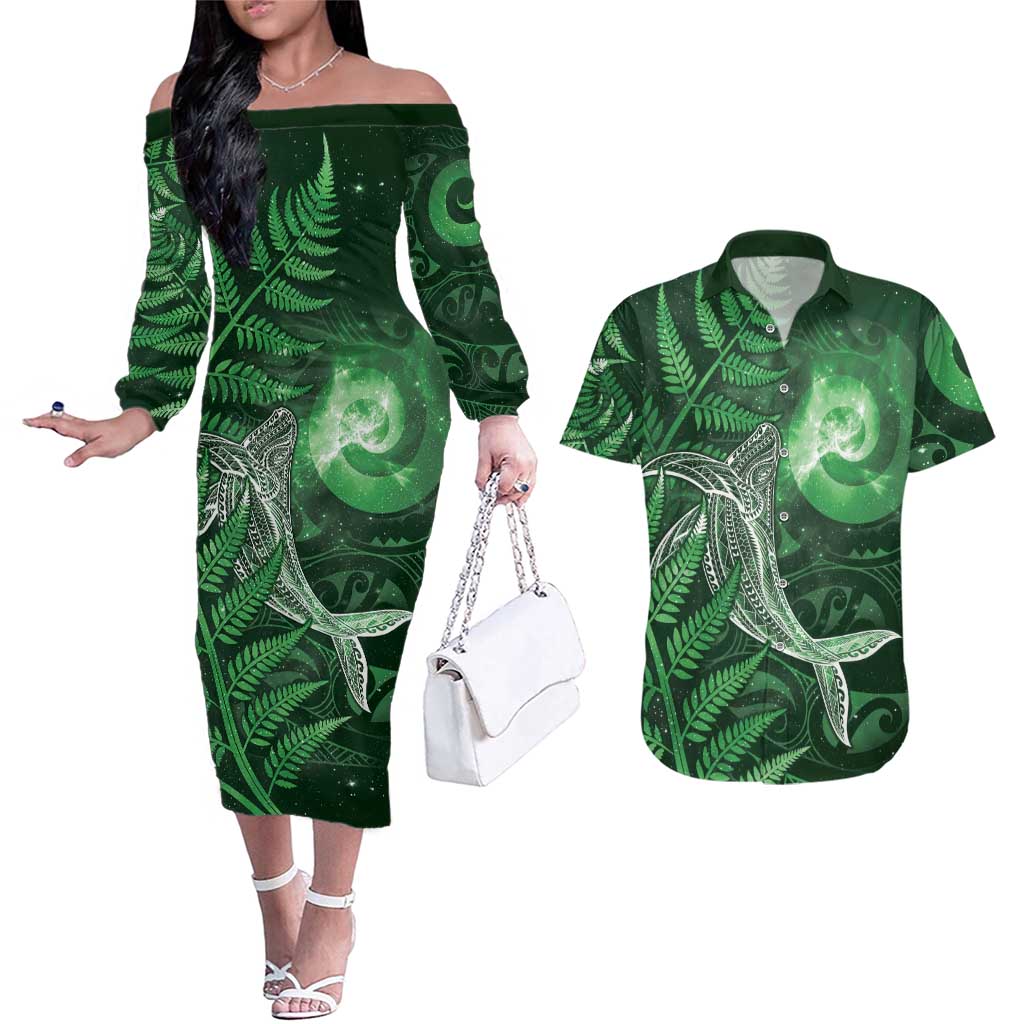 New Zealand Matariki Couples Matching Off The Shoulder Long Sleeve Dress and Hawaiian Shirt Maori Koru With Humpback Whale Green