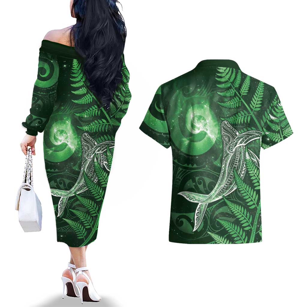 New Zealand Matariki Couples Matching Off The Shoulder Long Sleeve Dress and Hawaiian Shirt Maori Koru With Humpback Whale Green LT05 - Polynesian Pride