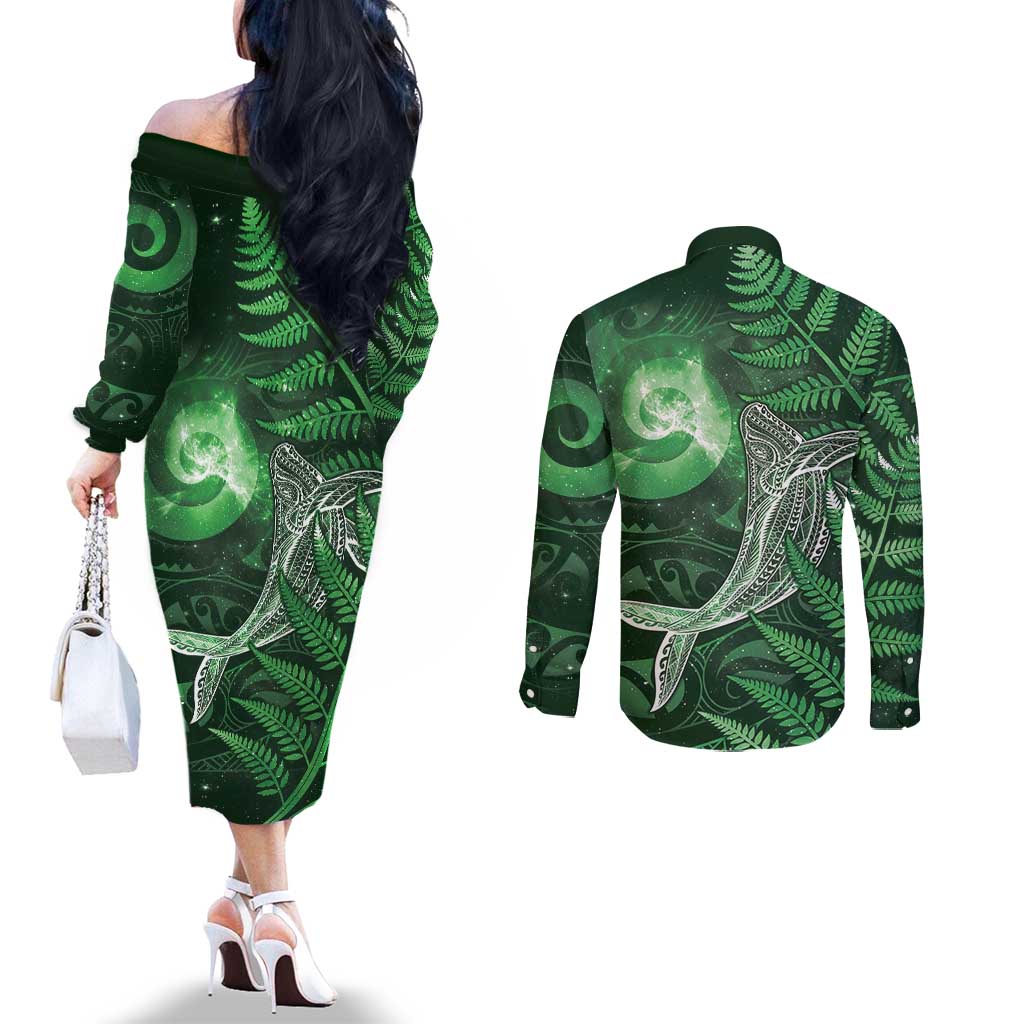 New Zealand Matariki Couples Matching Off The Shoulder Long Sleeve Dress and Long Sleeve Button Shirt Maori Koru With Humpback Whale Green LT05 - Polynesian Pride