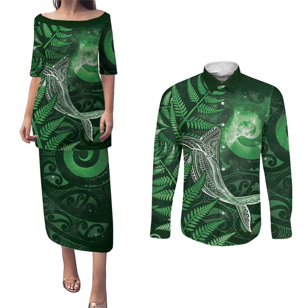 New Zealand Matariki Couples Matching Puletasi and Long Sleeve Button Shirt Maori Koru With Humpback Whale Green LT05 Green - Polynesian Pride