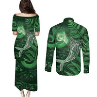 New Zealand Matariki Couples Matching Puletasi and Long Sleeve Button Shirt Maori Koru With Humpback Whale Green LT05 - Polynesian Pride