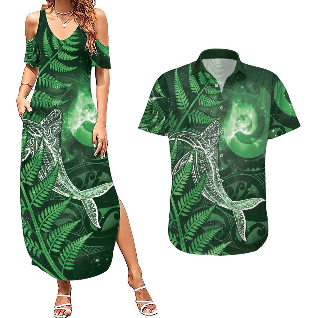 New Zealand Matariki Couples Matching Summer Maxi Dress and Hawaiian Shirt Maori Koru With Humpback Whale Green LT05 Green - Polynesian Pride